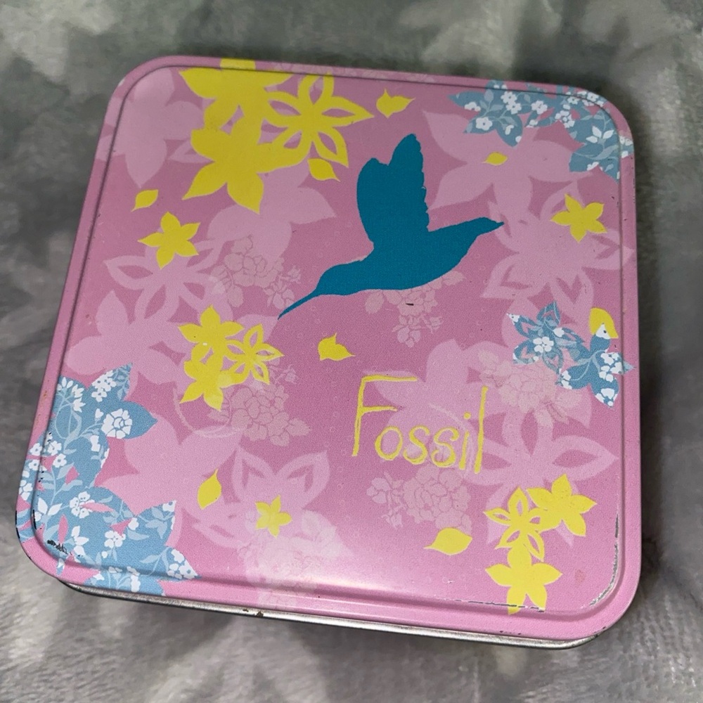 Vintage EMPTY 2005 AUTHENTIC FOSSIL TIN Watch Box Tin Only Pink‎ Floral Bird